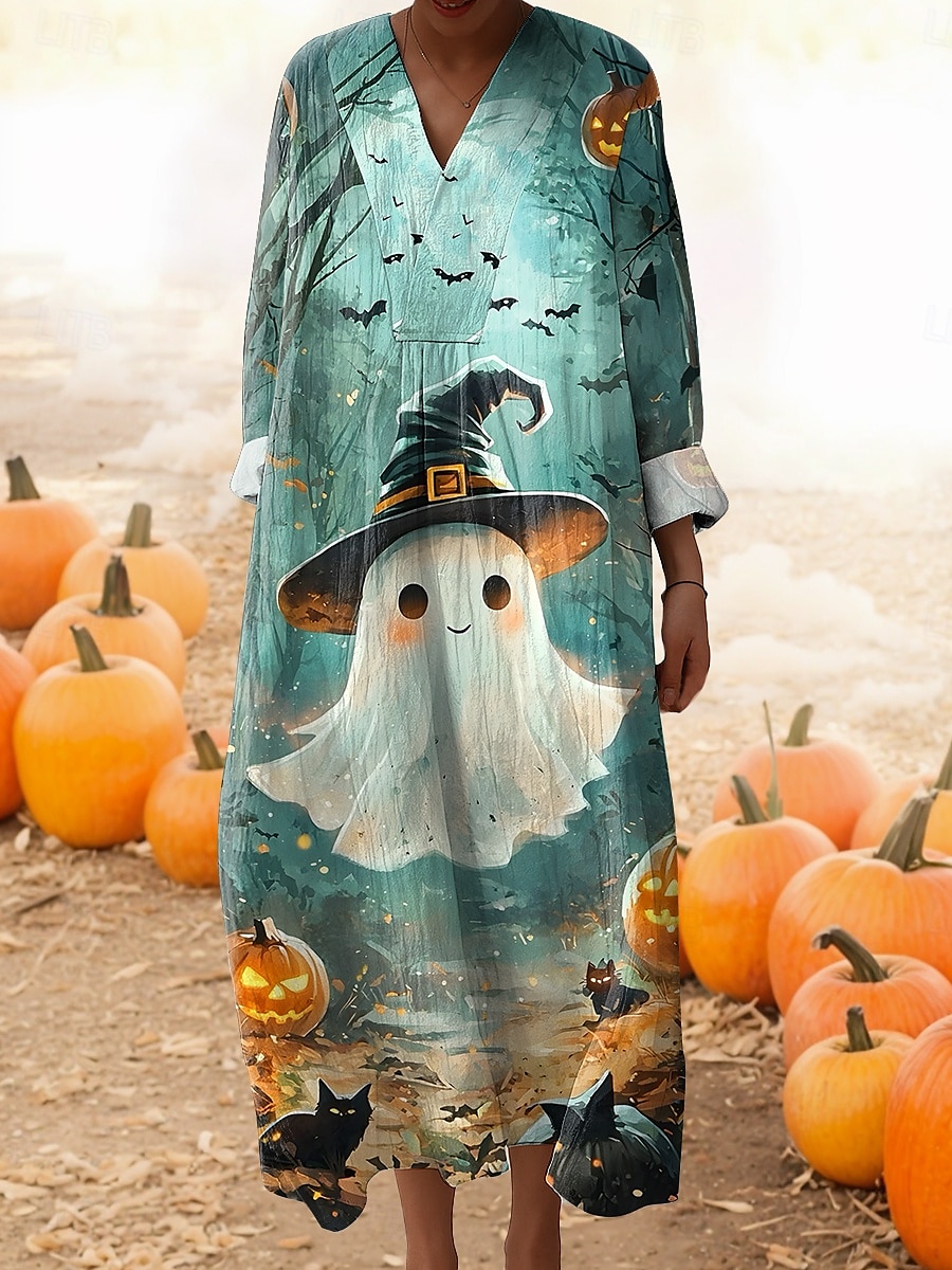Halloween Damen Midi Kleid V-Ausschnitt Lange Ärmel Kaftan Leicht Lockerer Schnitt A-Linien Kleid Lässig Ausgehen Grafisch Lange Ärmel V-Ausschnitt Gelb Orange Grün Regenbogen Herbst 2025 - $33.99 –P4
