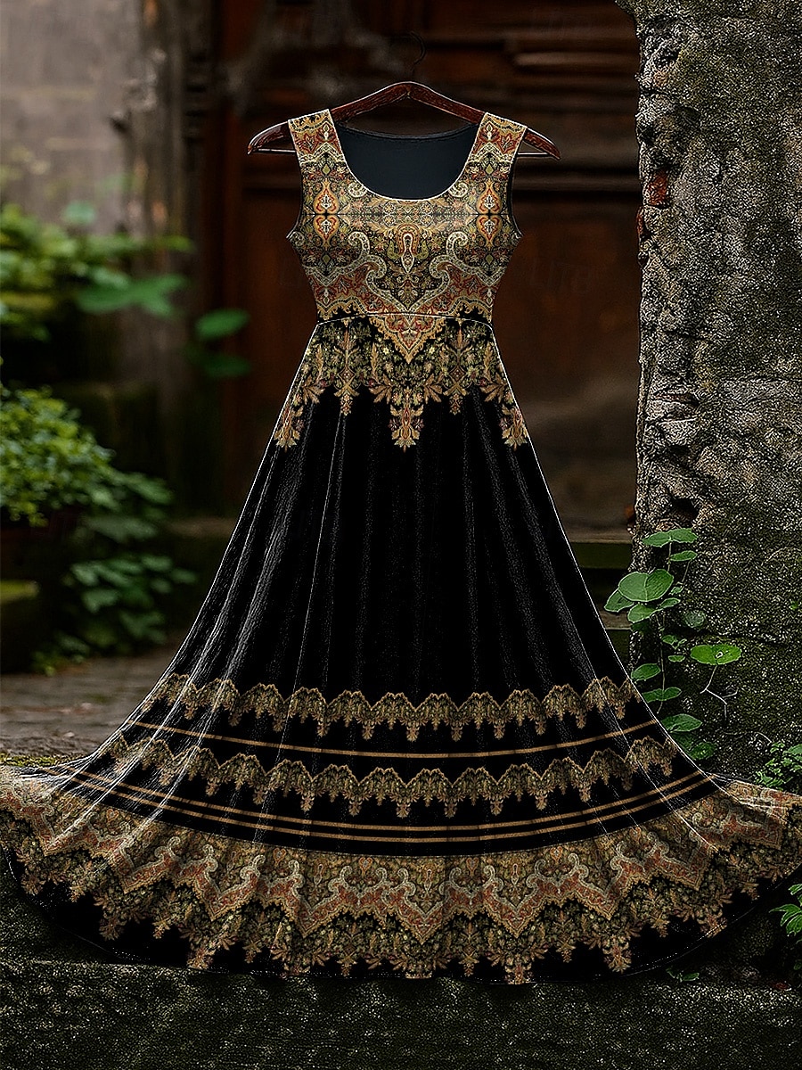 Robe longue vintage viking celtique à motif dégradé pour femme, robe d'été, robe trapèze, robe nuisette, robe plissée, vacances, décontractée, bohème, plage, coupe classique, graphique, sans manches, de 2025 ? $24.99 –P5