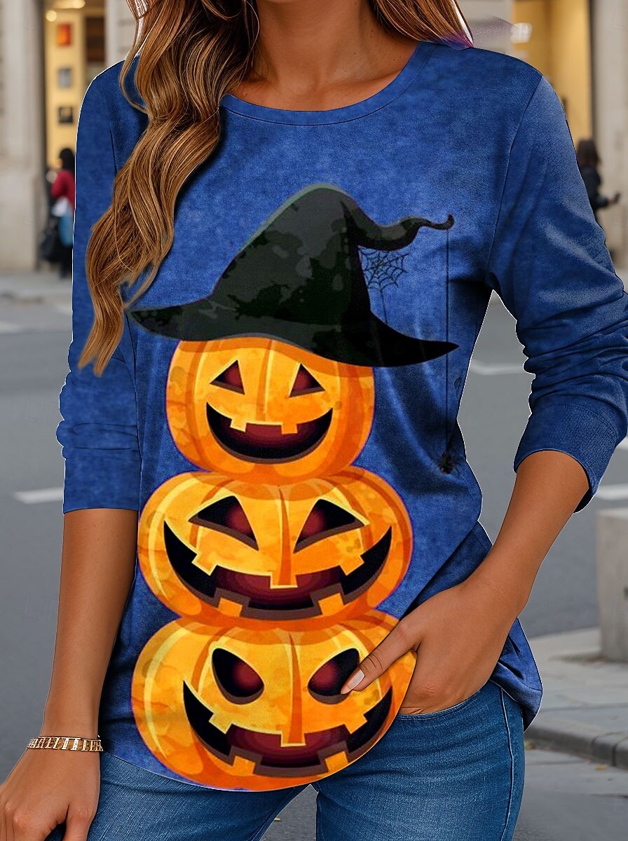 Halloween Femmes T-shirt Graphique Potiron ancien Élégant Classique manche longue Col ras du cou Hauts Réguliers Quotidien Imprimé Bleu Violet Vert Kaki Printemps Automne de 2025 ? $22.99 –P4