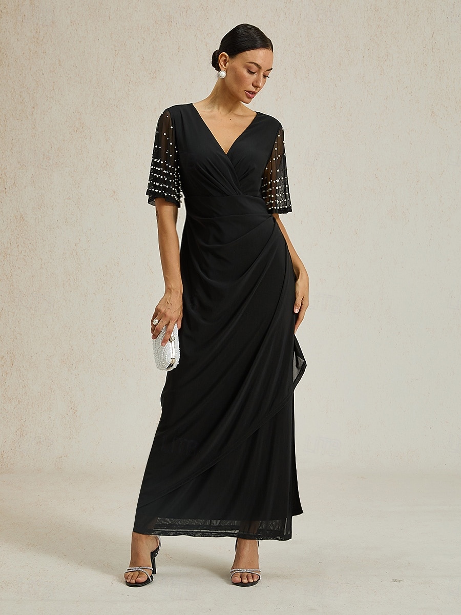 Femmes Robe maxi Robe fourreau Élégant Fête Anniversaire Couleur Unie Manche Courte Col en V Noir Été de 2025 ? $99.99 –P1