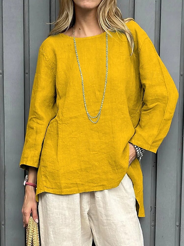 Damen Bluse Einfarbig Vintage Lässig Boho Langarm Rundhals Normale Oberteile Täglich Wochenende Patchwork Weiß Gelb Rote Himmelblau Khaki Frühling, Herbst, Winter, Sommer 2025 - $22.99 –P6
