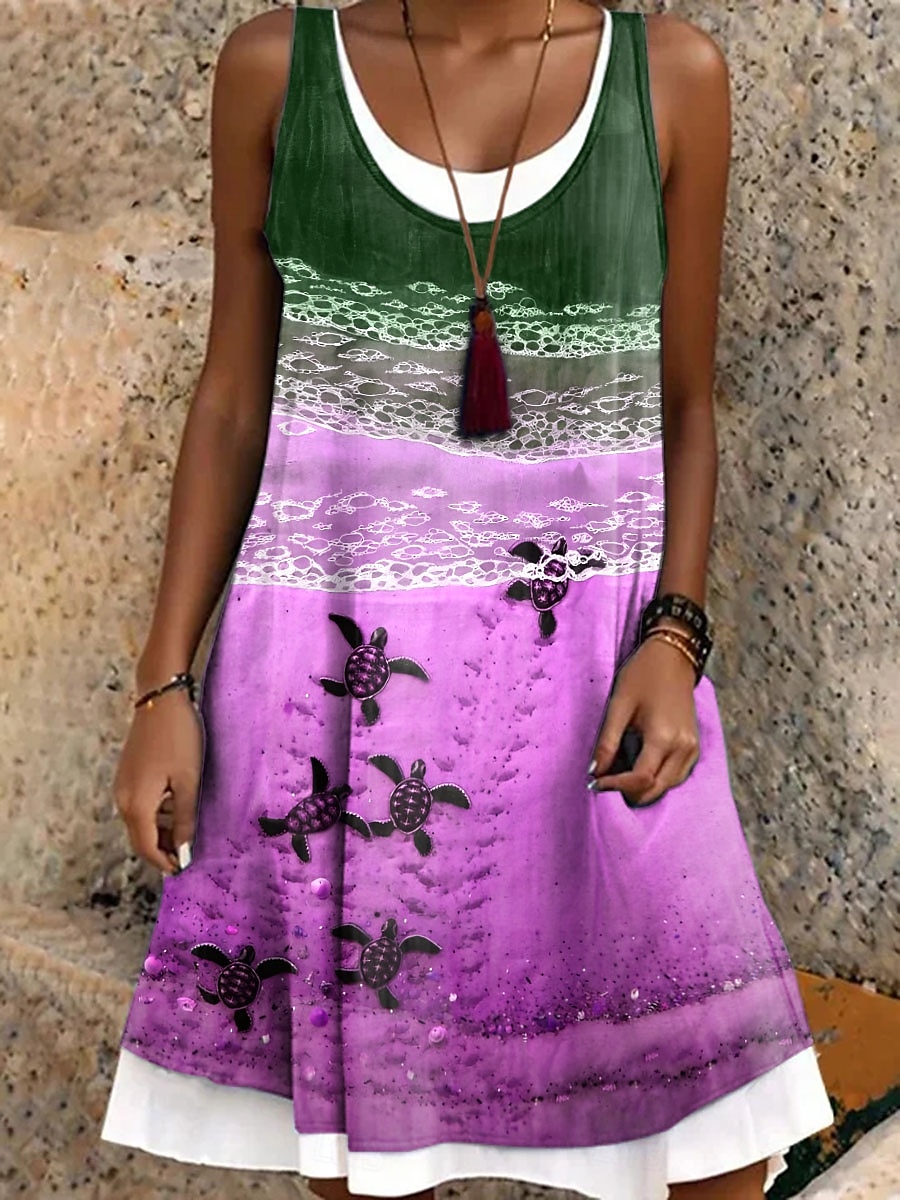 Dam Mini klänning Solklänning A linjeklänning Off Shoulder Klänning Semester Ledigt Boho Dagligen Normal Grafisk Djur Ärmlös Rund hals Blå Purpur Brun Grön Sommar Vår Höst 2025 - $24.99 –P3