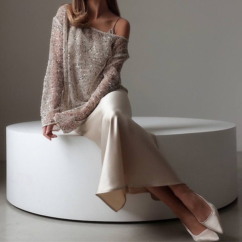 Per donna Blusa con texture Strass scintillante Da serata Paillettes Traforato Semplice Moda Moderno Manica Lunga Girocollo Top Regolari Quotidiano Grigio Estate del 2026 a $37.99 –P2