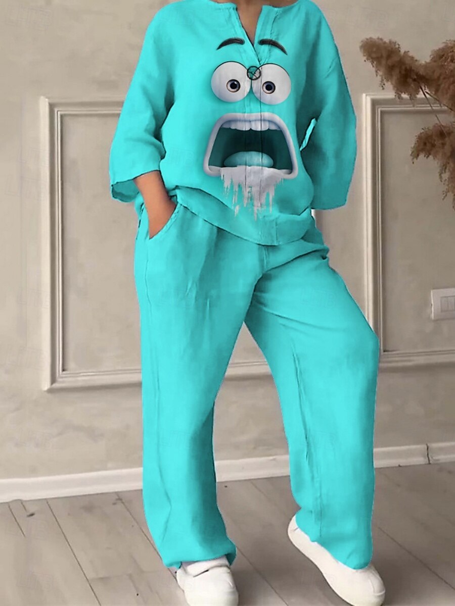 Damen Aktiv Mode Hosen-Sets Langarm V Ausschnitt 3D-Druck Druck Urlaub Täglich Ferien Gelb Rote Blau Sommer Normale Passform 2025 - $42.99 –P3