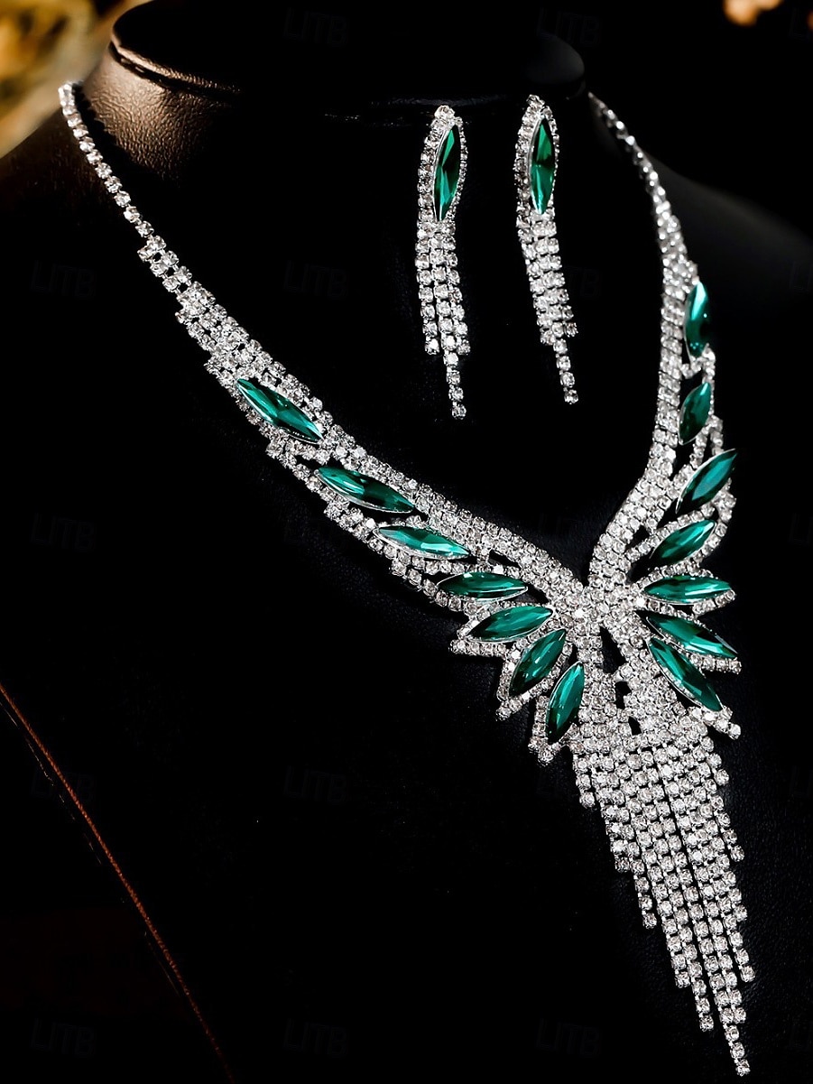 Set di gioielli di lusso in cristallo da donna: collana placcata in argento e orecchini pendenti con accenti di pietre preziose verdi, eleganti accessori per cocktail e feste serali del 2025 a $14.99 –P2