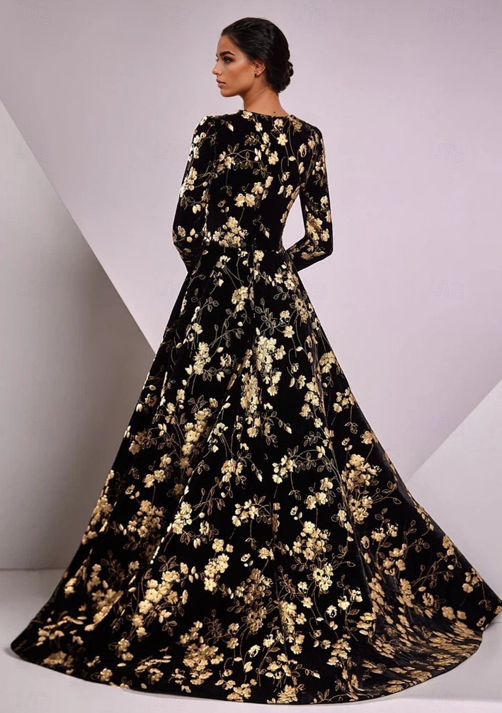 Abito da sera elegante con stampa floreale in oro e cravatta nera, a trapezio, lungo fino al pavimento, manica lunga, scollo a V, tasca in nylon 2025 del 2025 a $165.99 –P2