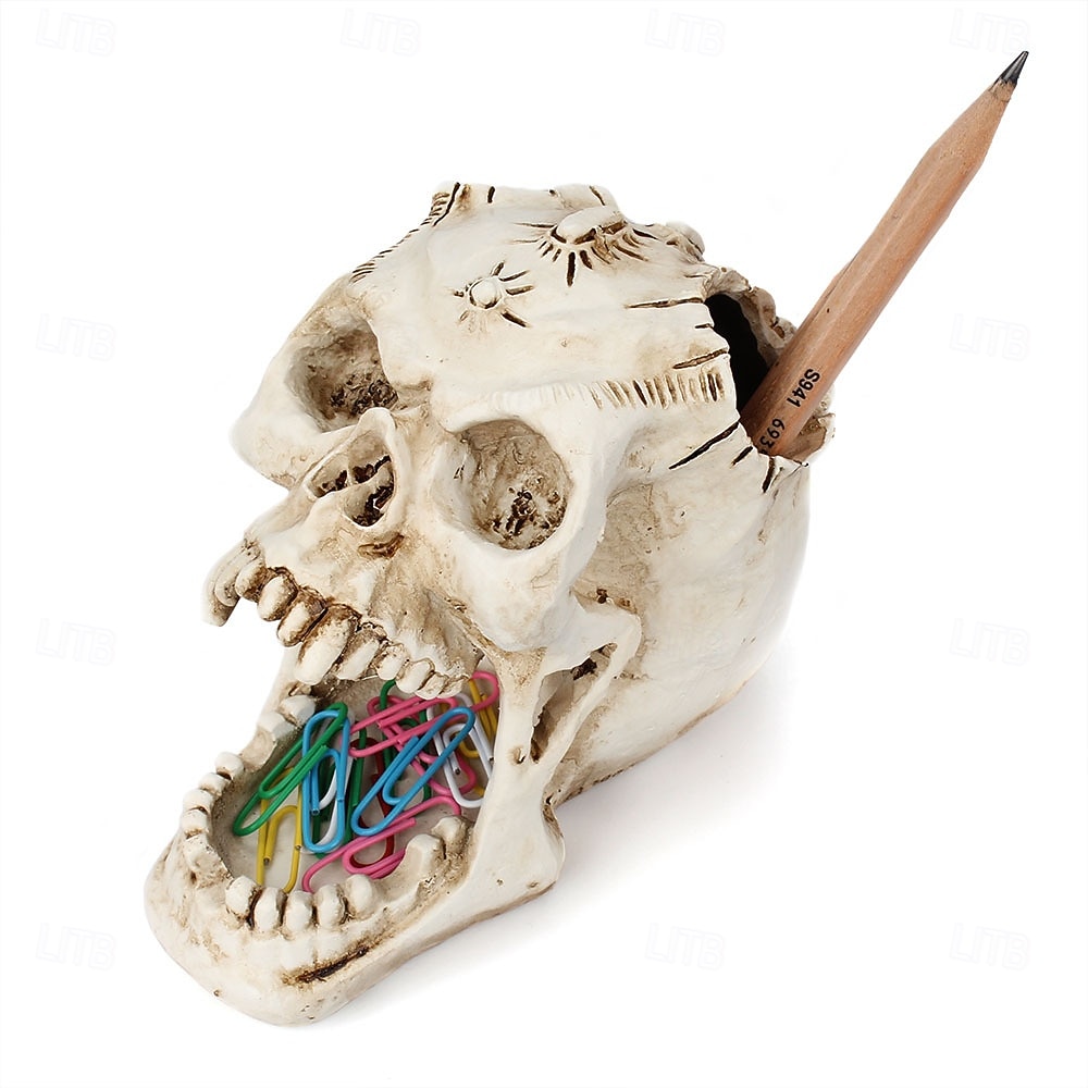Halloween Statue Totenkopf Makeup Schmuck Organizer offener Mund Fang Gothic Knochenkopf Kosmetik Aufbewahrungshalter einzigartiges gruseliges Schreibtisch Dekor für Zuhause Schminktisch 2025 - $16.49 –P2