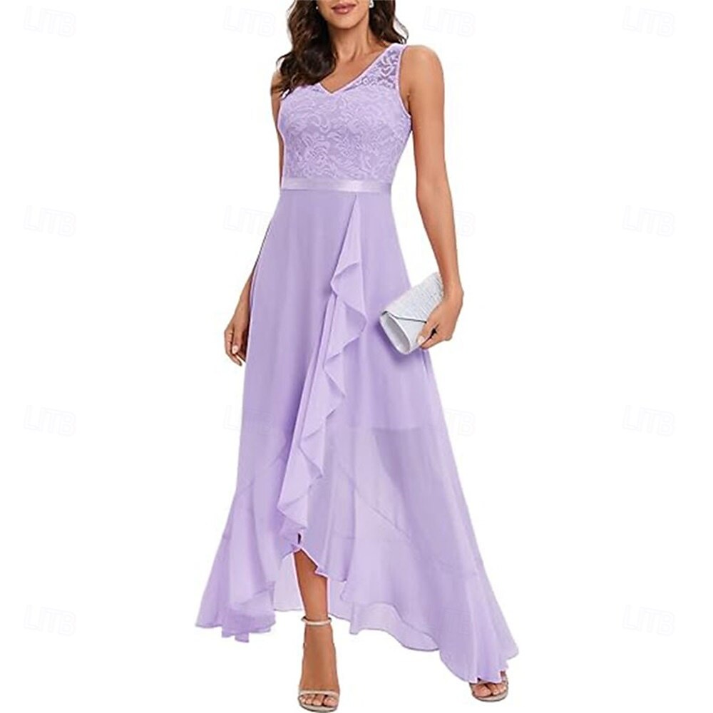 A-Linie Brautmutterkleid Elegant V Ausschnitt Asymmetrisch Chiffon Ärmellos mit Einfarbig 2025 2025 - $109.99 –P12