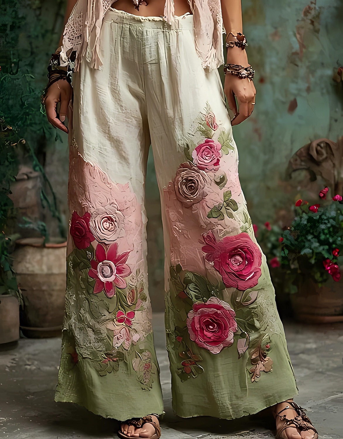 Femmes Jambe large Pantalons Pantalon palazzo ancien Boho Longueur complète Taille haute Fleur Taille Élastique Impression Respirabilité Confortable Rue Tenue quotidienne Sortir Vert Printemps Automne de 2026 ? $24.99 –P3