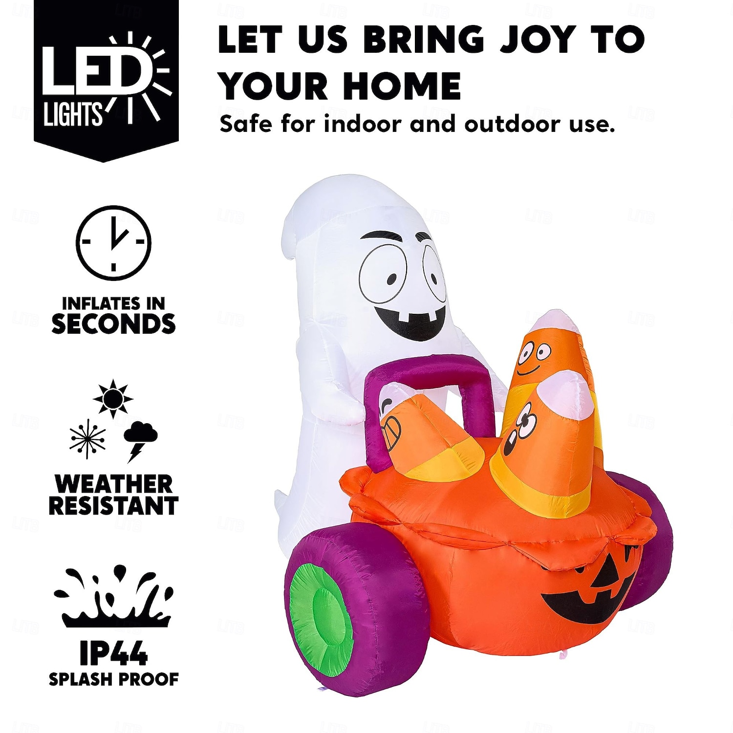 Gonfiabile fantasma di Halloween da 5 piedi che spinge una carrozza di zucche con caramelle, decorazione da giardino gonfiabile con LED integrati per feste di Halloween all'aperto, al chiuso, in del 2025 a $145.99 –P3