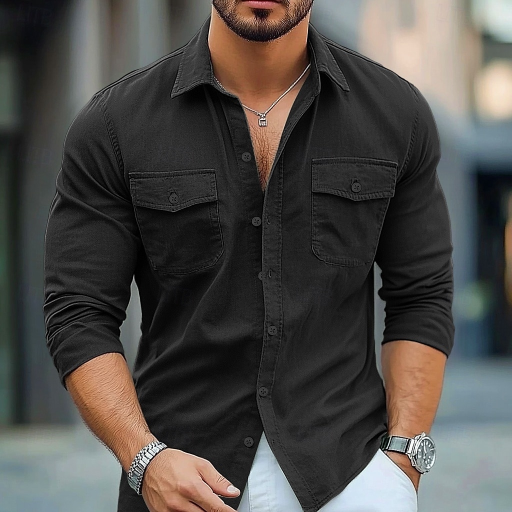 Herren Hemd Strandbekleidung Freizeithemd Knopfhemd Einfach Urlaub Lässig Schwarz Braun Grün Grau Langarm Revers Sommer Frühling & Sommer Bekleidung Knöpfe 2025 - $25.99 –P7