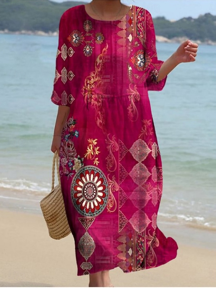 Pentru femei Rochii Midi Rochie casual Rochie imprimata Epocă african Zilnic Plajă Sfârșit de săptămână Fit regulat Floral Grafic Lungime Manșon 3/4 Stil Nautic Roșu-aprins Fucsia Maro Vară Primăvar 2025 - $31.99 –P2