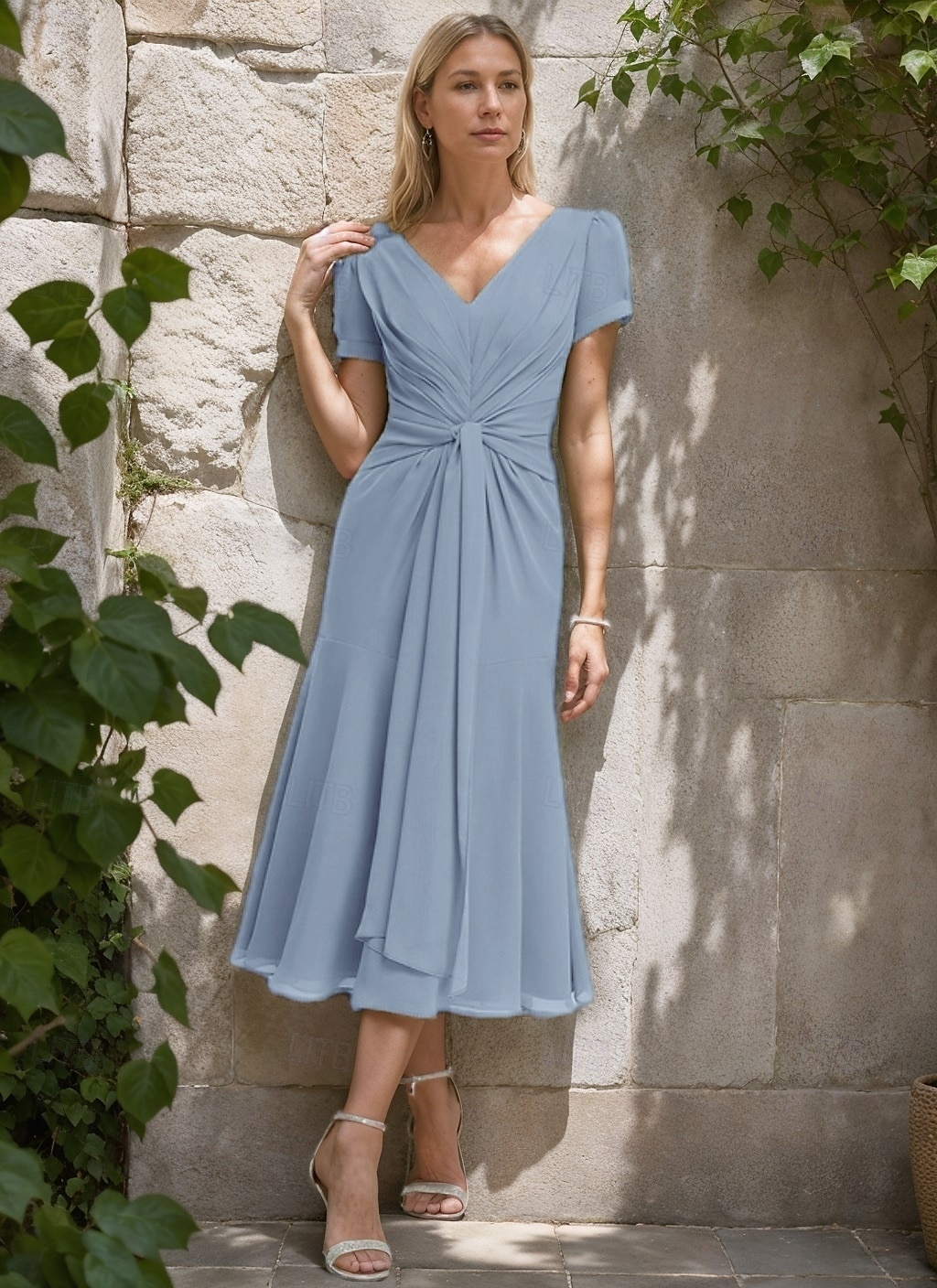 A-Line Mother of the Bride Dress Formal Wedding Guest Elegant Simple Minimalist V Neck Tea Length Chiffon Short Sleeve with Pleats Ruched 2025 - $125.99 –P7