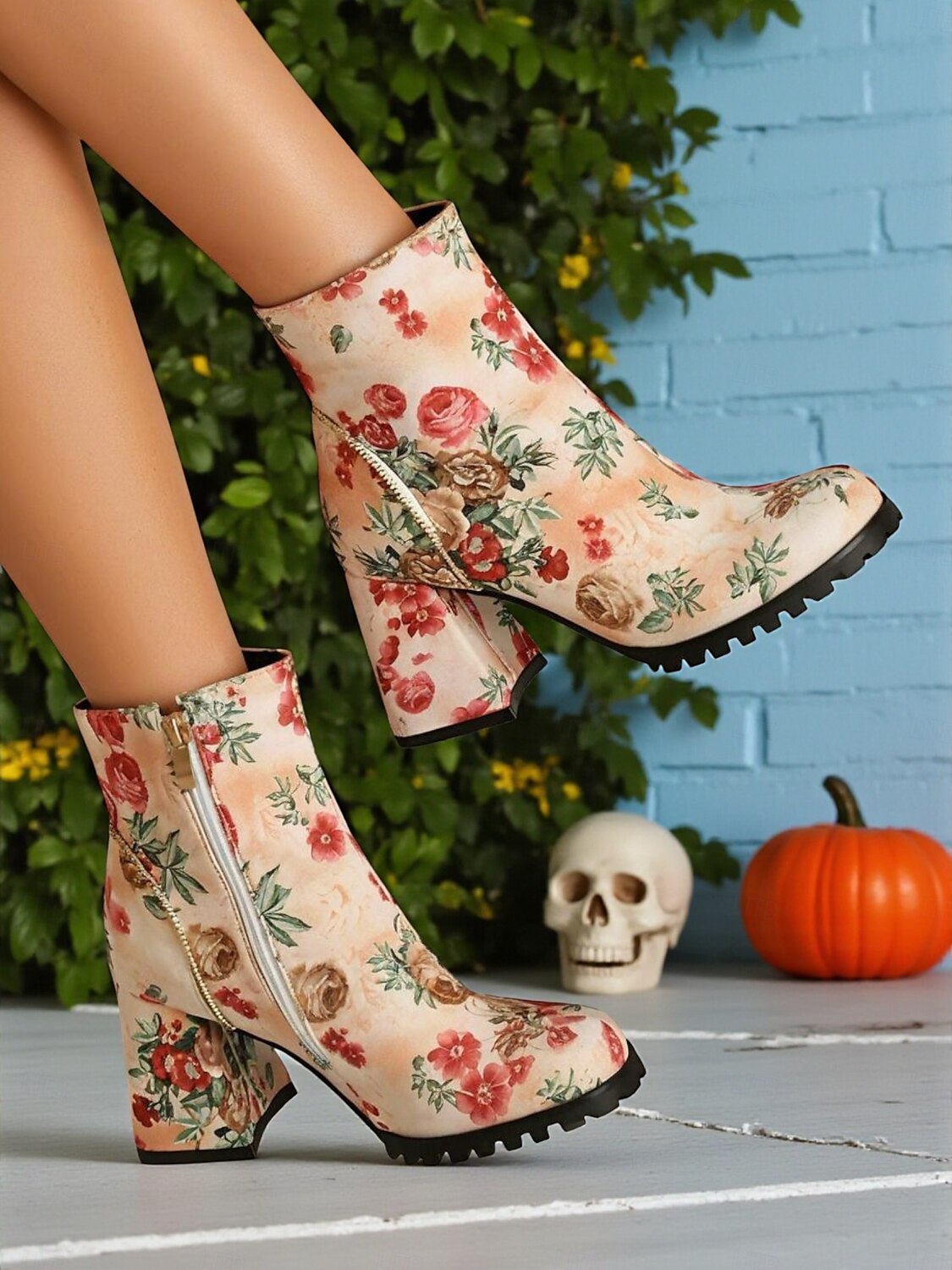Damen-Stiefeletten mit Totenkopf- und Rosen-Print für Halloween – Stiefeletten mit klobigem Blockabsatz und seitlichem Reißverschluss im Gothic-Stil für Cosplay, Partys und Herbstfestivals 2025 - $54.99 –P3