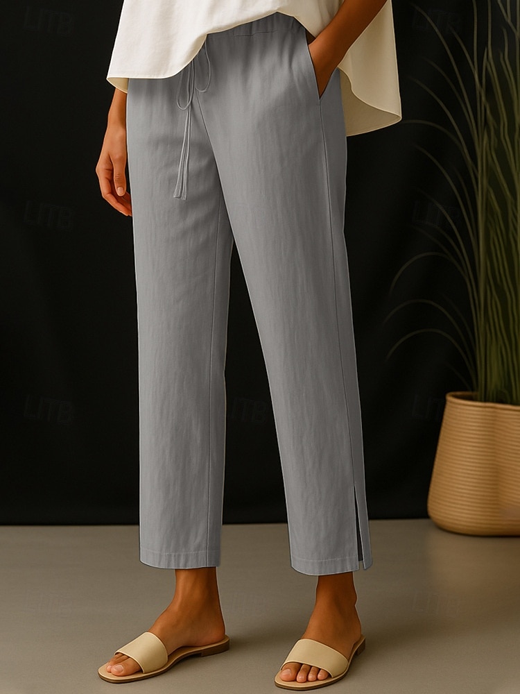Women's Cotton Linen Pants Simple Casual Long High Waist Plain Pocket Elastic Drawstring Design High Cut Breathability Soft Micro-elastic Daily Wear White Green Beige Gray Spring Fall Regular Fit 2025 - $17.99 –P6