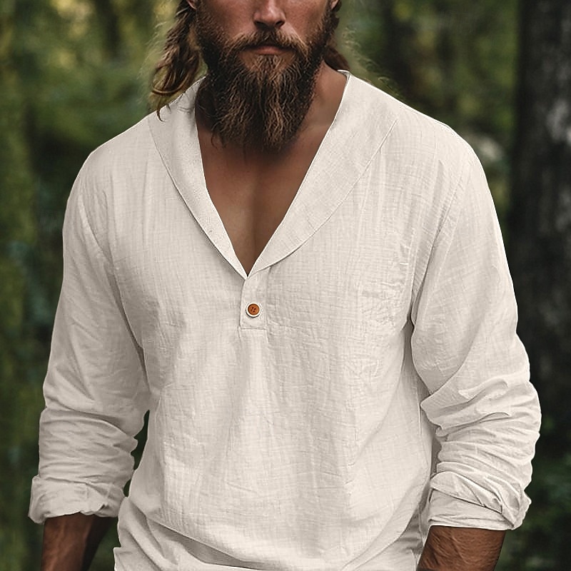 Herr Skjorta Linneskjorta Popover skjorta Sommarskjorta Standkläder Ensfärgat Semester Gata Svart Blå Kaki Långärmad Krage Sommar Vår Kläder 2025 - $23.99 –P6