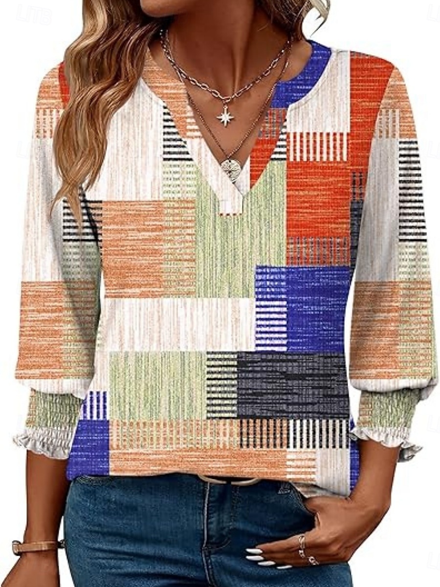 Dame Bluse Ruter Stilfull Fritid 3/4 ermer Crew-hals Vanlige topper Daglig Trykt mønster Gul Grønn Kakifarget Sommer Vår 2025 - $21.99 –P5