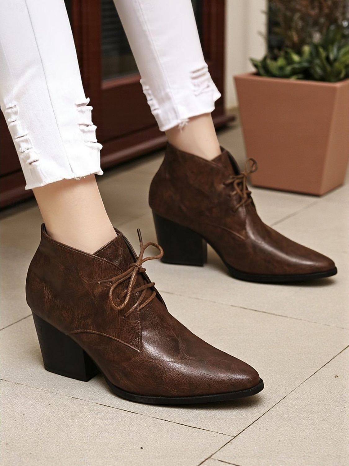 Botas femininas retrô de cano curto com cadarço e bico fino - botas curtas de salto bloco em couro sintético para o outono, estilo urbano &roupas do dia a dia de 2025 por $42.99 –P2