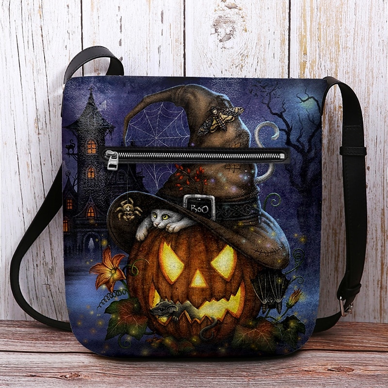 női halloweeni tökös crossbody táska - boszorkánykalap és macskaminta, állítható pánttal, könnyű, bolyhosított válltáska, tökéletes ünnepi bulikra és trick or treat eseményekre 2025 - $19.99 –P6
