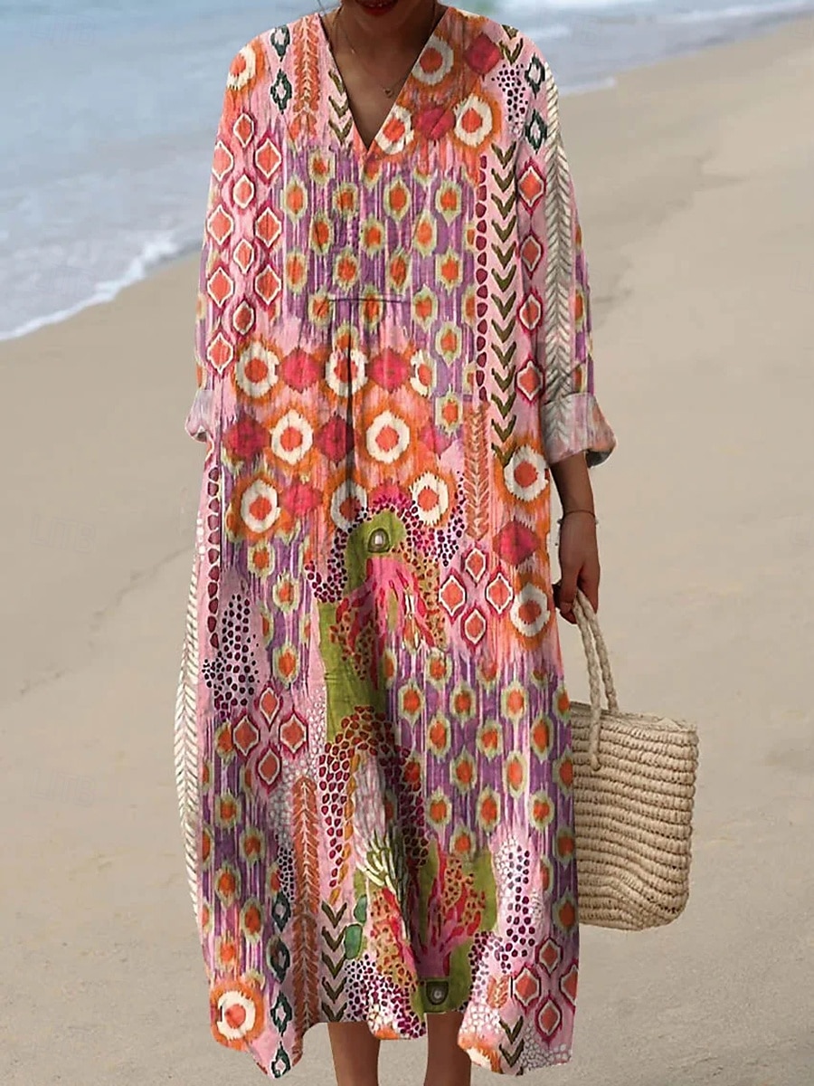 Dam Midi Klänning V-hals Lång ärm Kaftan Lätt Loose Fit A-linje Klänning Avslappnad Utgång Loose Fit Grafisk Geometrisk Lång ärm V-hals Mörkröd Gul Blå Grön Höst 2025 - $35.99 –P5