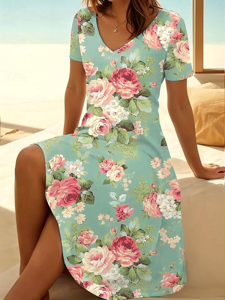 Damen Minikleid T-Shirt-Kleid Sommerkleid A Linie Kleid Urlaub Lässig Boho Ausgehen Strand Normale Passform Blumen Grafik Kurzarm V Ausschnitt Schwarz Hellgrün Blau Grün Sommer Frühling 2025 - $23.99 –P2
