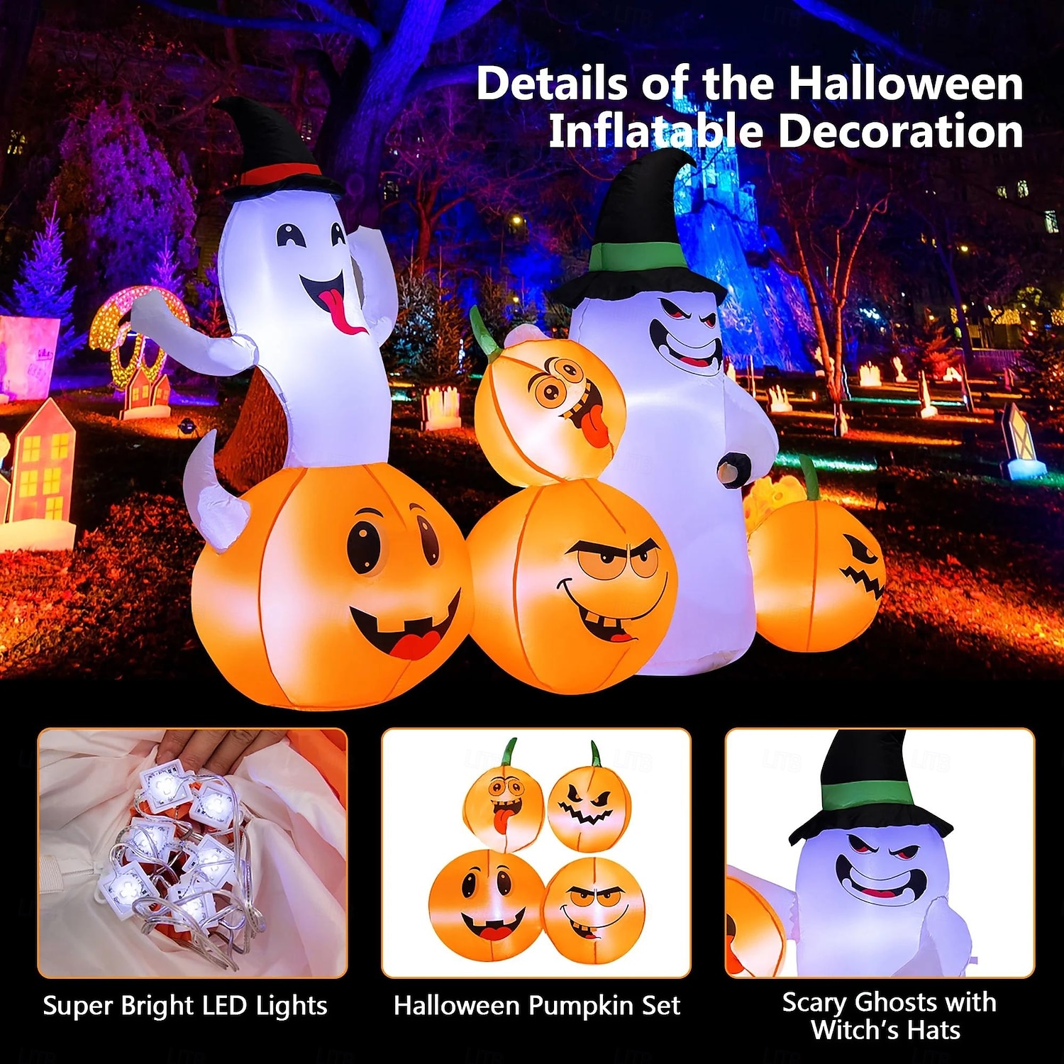 Costway 6 fot lang oppblåsbar halloween-dekorasjon med 4 gresskar &spøkelser med innebygde LED-lys 2025 - $108.99 –P2