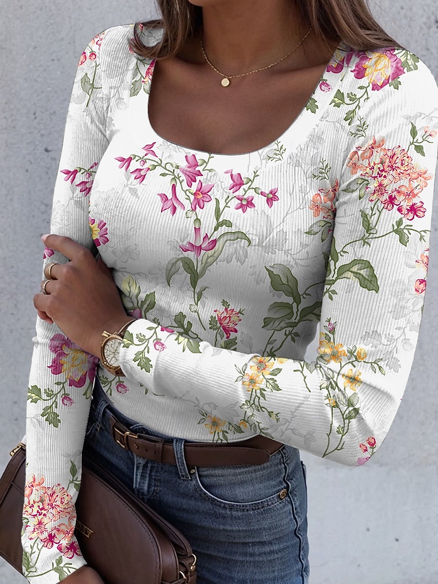 Dame T-skjorte Langermet Ribbemønster Grafisk Firkantet Utringning Langermet Casual Blomster Klassisk Vanlige Topper Daglig Print Lys Grønn Rosa Rød Blå Støvete Blå Vår Høst Forhøst 2026 - $26.99 –P6
