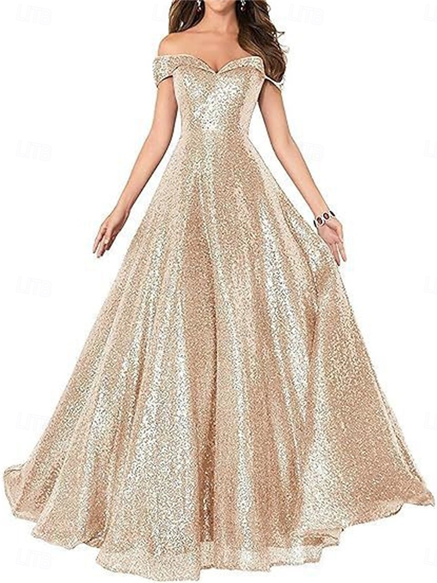 A-Line Evening Gown Elegant Dress Formal Performance Floor Length Short Sleeve Off Shoulder Sequined Backless with Pleats 2025 - $129.99 –P12