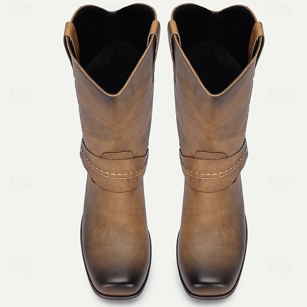 bruna westerncowboystövlar i konstläder för män – vintage pull-on-ridmodell för lantbruksarbete, countryfestivaler och westerntemafester 2025 - $46.99 –P5