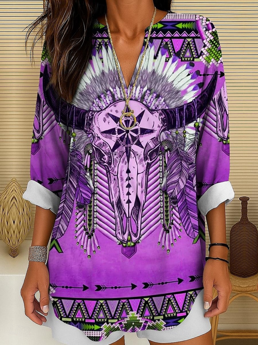 Damenshirt Langarm Tunika Tops Grafik Geometrisch Totenkopf Bohemia Vintage Tropisch V-Ausschnitt Regelmäßige Tops Täglicher Urlaub Strandmode Druck Gelb Rot Blau Lila Grün Sommer Frühling 2025 - $24.99 –P4