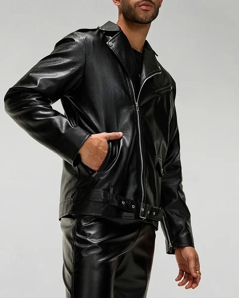 Herren Kunstlederjacke Bikerjacke Motorradjacke Urlaub Täglich Winddicht Warm Tasche Herbst Winter Einfach Mode Klassisch Revers Regulär Schwarz Jacken 2025 - $48.99 –P2
