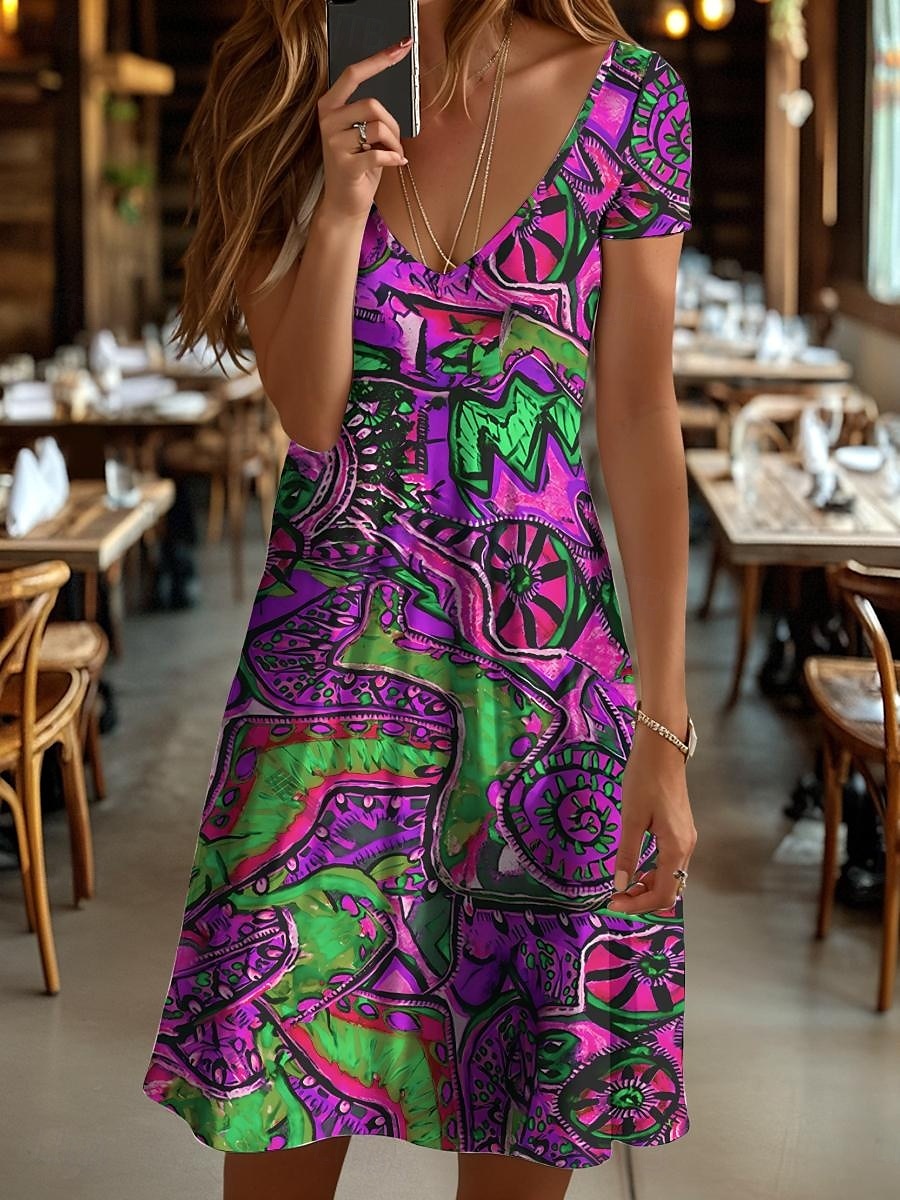 Damen Minikleid Strickkleid Freizeitkleid T-Shirt-Kleid Sommerkleid Elegant Urlaub Lässig Strand Normale Passform Grafik Geometrisch Abstrakt Kurzarm V Ausschnitt Gelb Blau Purpur Orange Sommer 2025 - $23.99 –P7