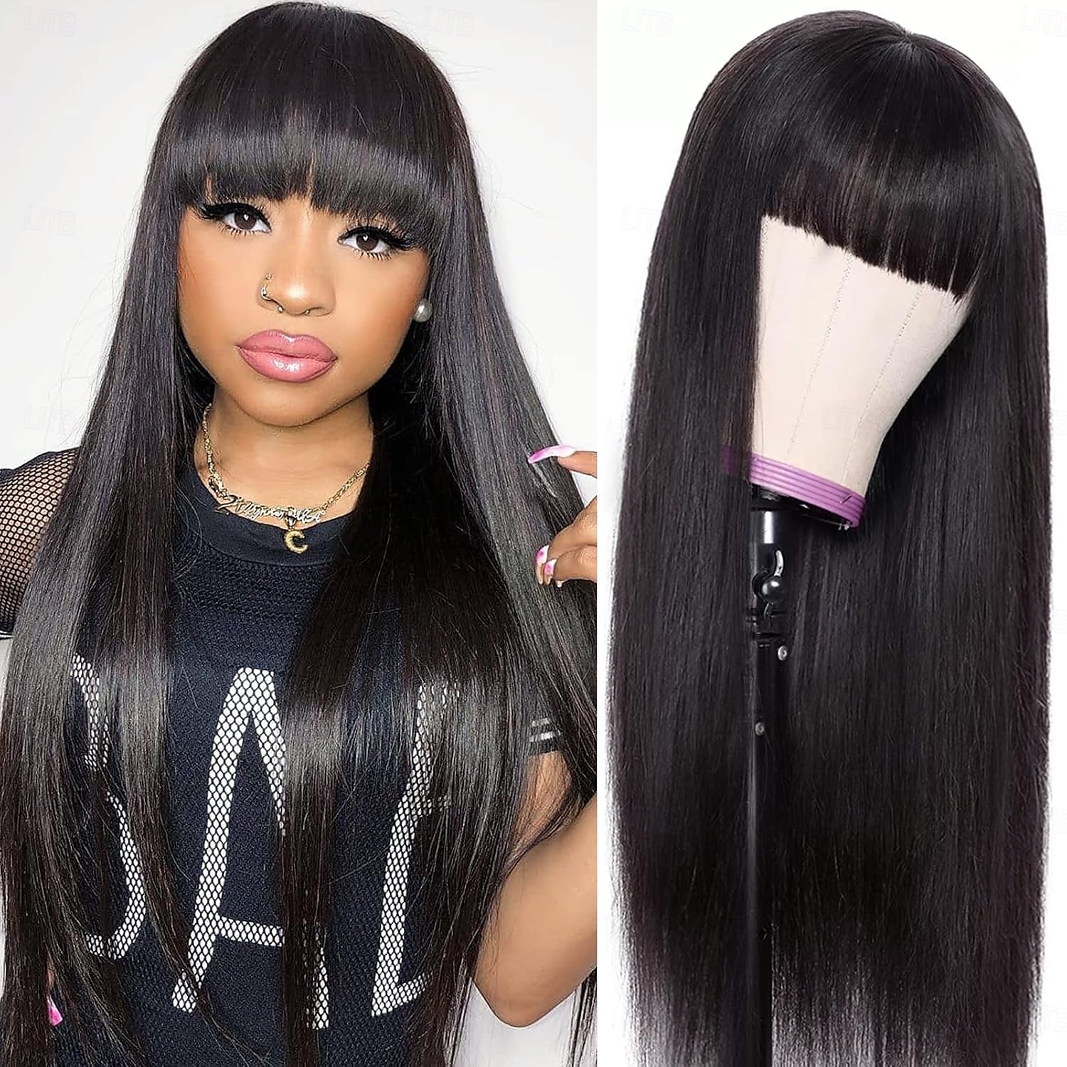 Parrucche di capelli umani lisci con frangia, vergini brasiliane, senza pizzo frontale, parrucche fatte a macchina senza colla per donne nere, colore naturale del 2025 a $79.99 –P1