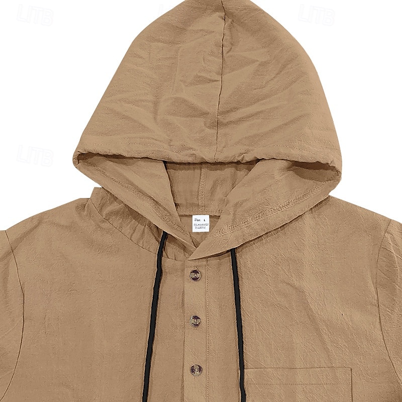 Men's Shirt Linen Shirt Popover Shirt Casual Shirt Cotton Shirt Plain Vacation Street Black White Navy Blue Brown Short Sleeve Hooded Summer Clothing Apparel Lace up 2025 - $22.99 –P8