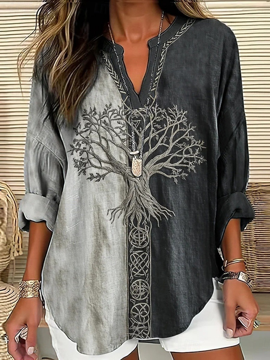 Women's Shirt Tree Daily Casual Long Sleeve V Neck Regular Tops Daily Holiday Buttons Print Gray Spring Fall 2025 - $24.99 –P1