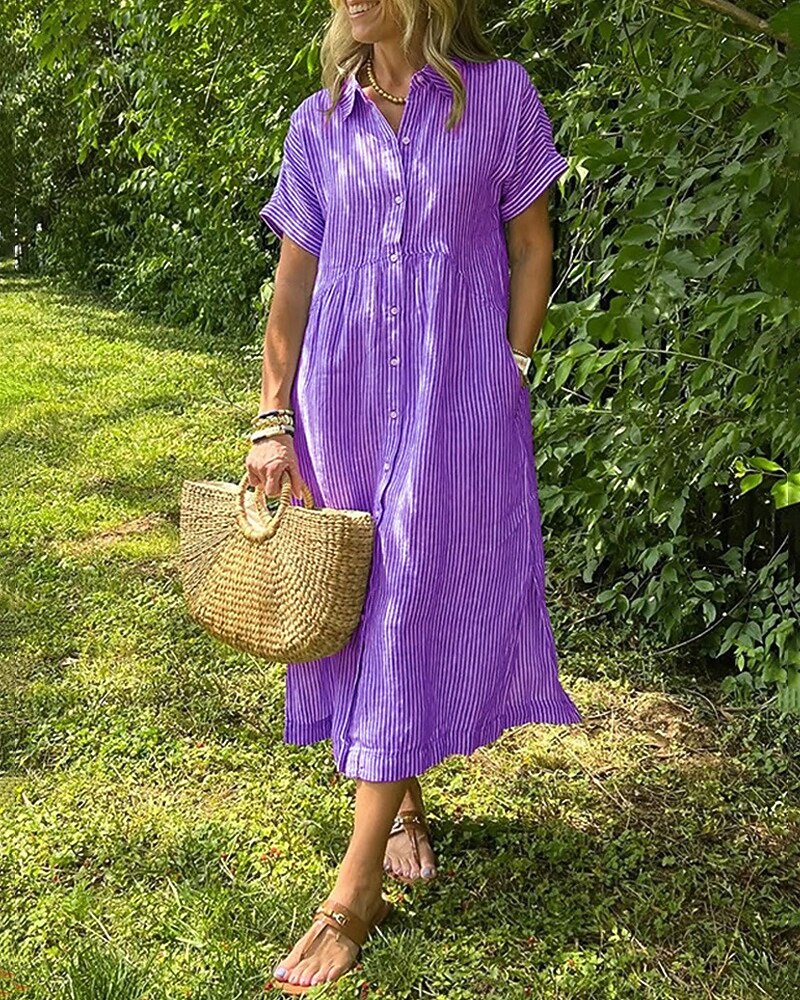 Femmes Robe Longue Maxi Robe Robe Chemise Robe Décontractée Mode Extérieur Soirée Fête Coupe régulière Rayé Manche Courte Col de chemise Noir Blanche Jaune Rose Claire Été de 2025 ? $38.99 –P2