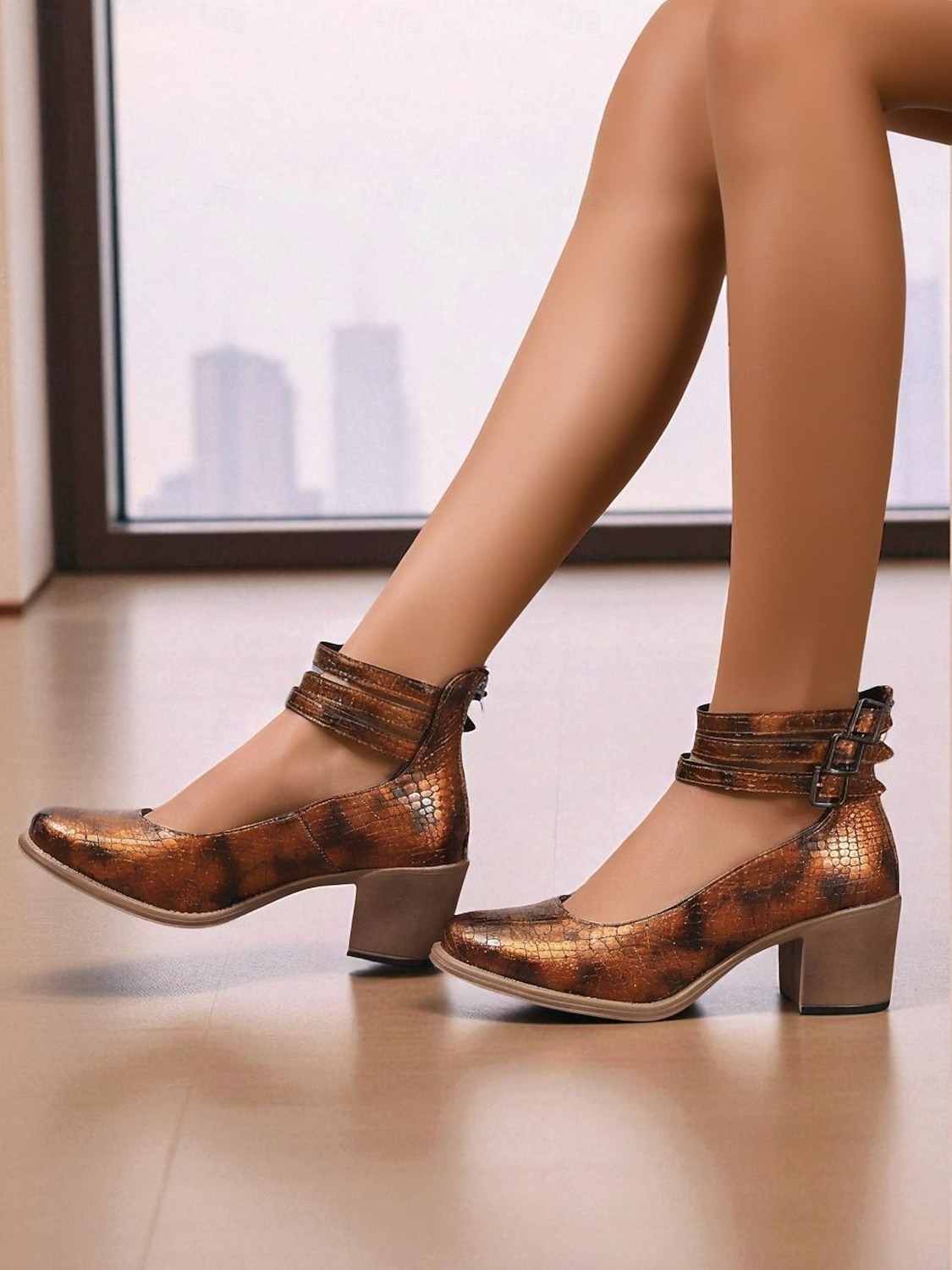 Sapatos femininos verdes de couro sintético com estampa de crocodilo e tira no tornozelo, salto grosso - sapatos Mary Jane retrô confortáveis para caminhar, para o escritório, roupas do dia a dia e de 2025 por $34.99 –P6
