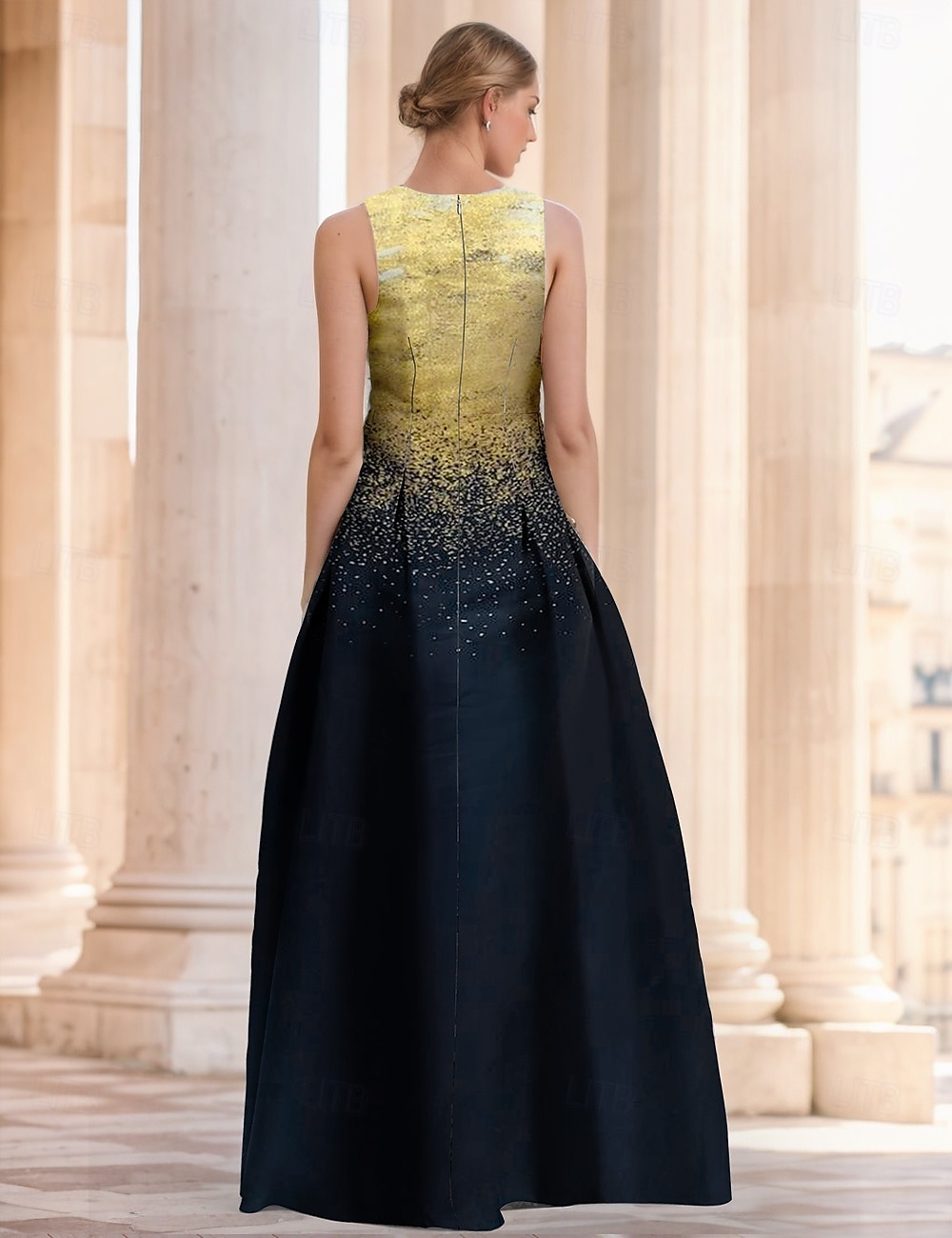 Arany és Fekete Jacquard Ruha A-vonalú Estélyi Ruha Elegáns Ruha Formális Esküvő Padlós Ujjatlan V Nyak Szatén Hasíték Zsebbel 2025 - $149.99 –P3