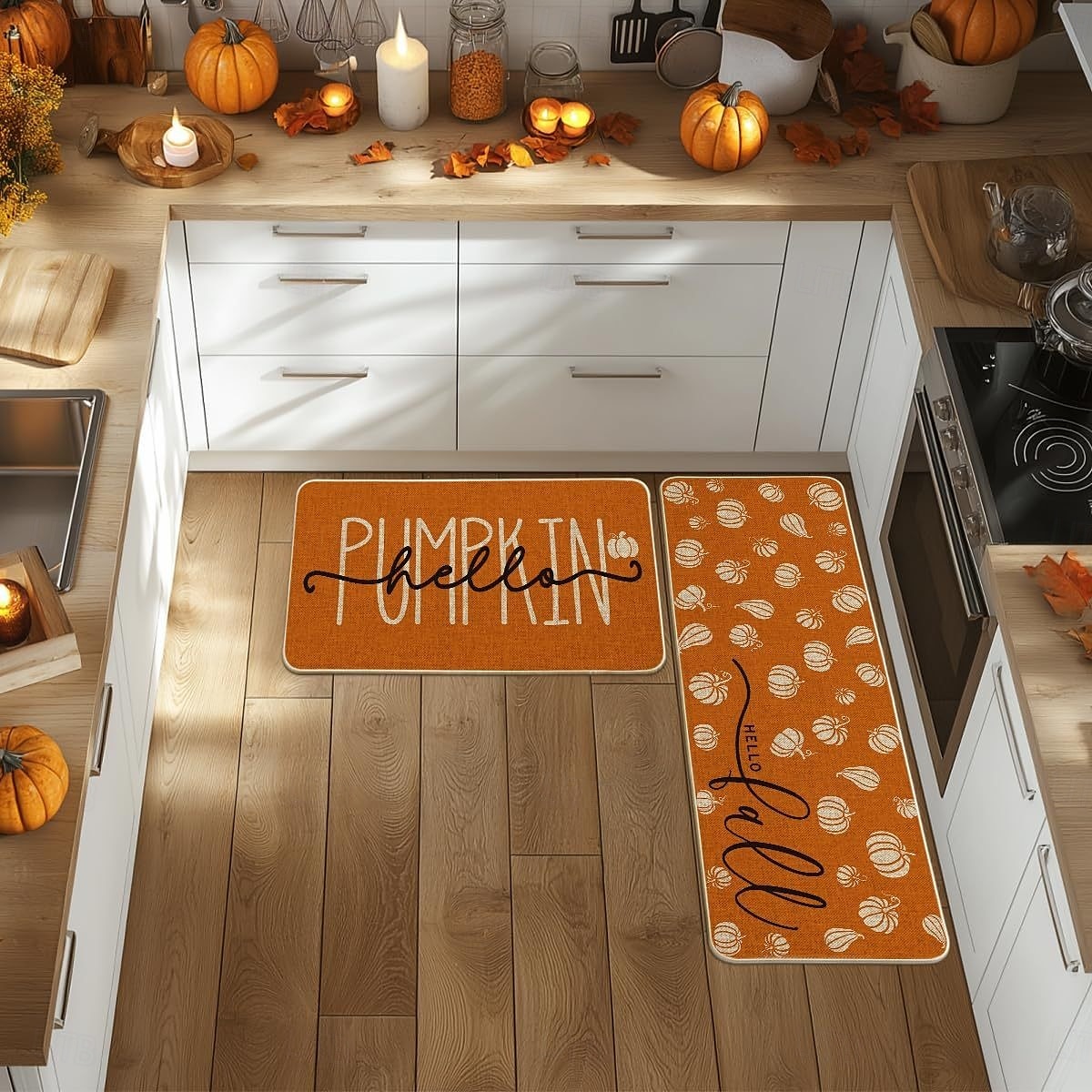 Höstens pumpa linnemattor set - absorberande, oljebeständigt kök &Dörrmattor för entrén, set med 2 delar 2025 - $45.99 –P17