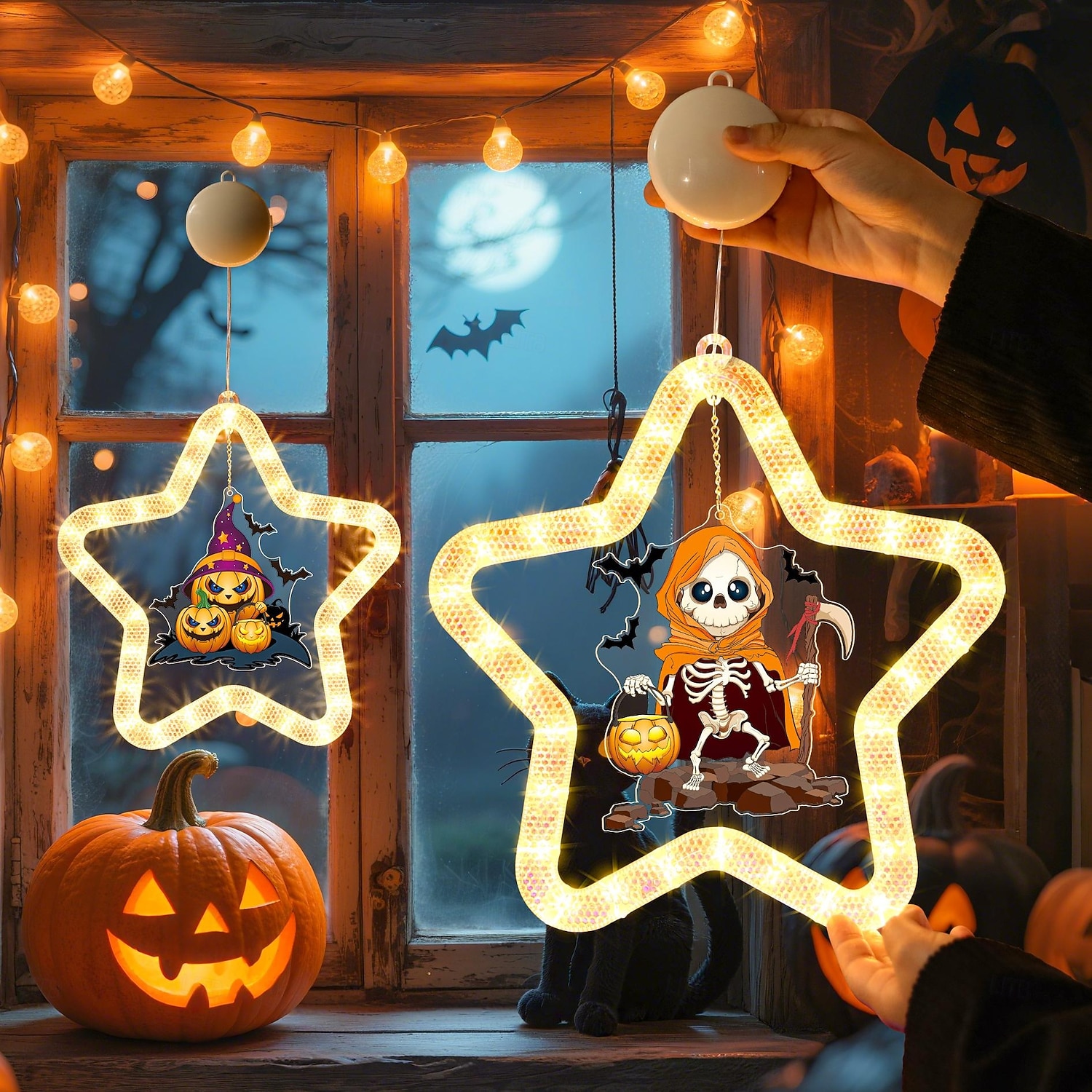 1 ks 27,6 cm halloween netopýr duch čaroděj klobouk dýně černá kočka netopýr přísavka led přísavka okenní světlo párty okno vnitřní atmosféra dekorativní světlo aaa baterie box teplé světlo běžící 2025 - $15.99 –P2