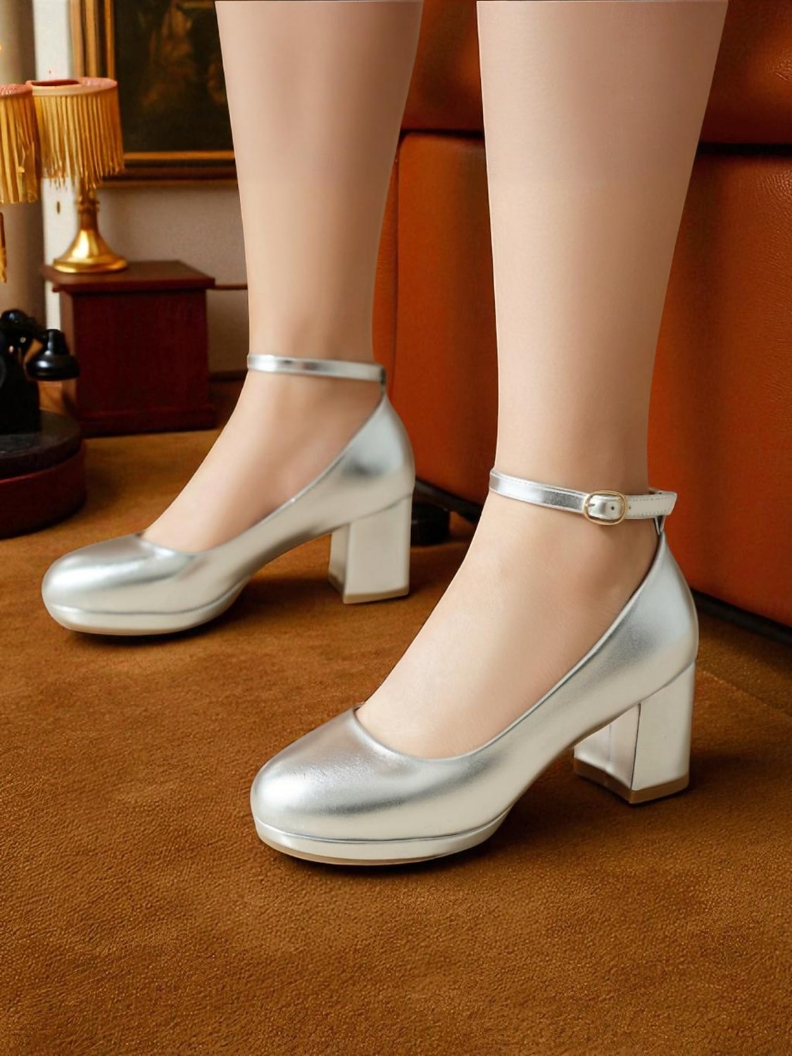 Zapatos de tacón cuadrado con plataforma dorada para mujer, años 80: zapatos de fiesta retro con tira en el tobillo y punta redonda brillante para discotecas, bailes y cócteles. 2026 - $54.99 –P6