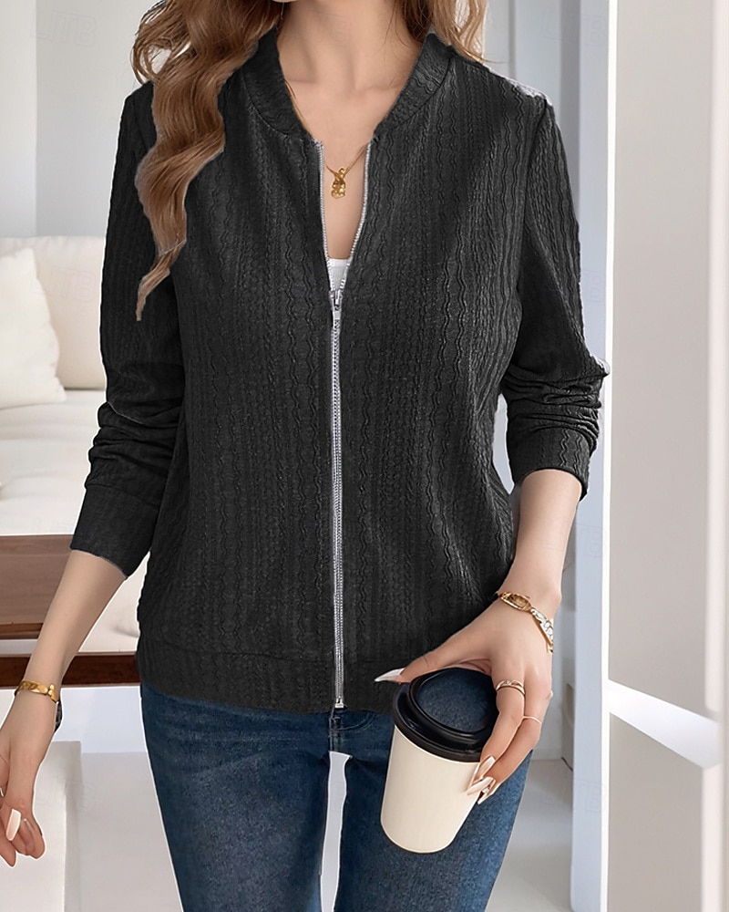 Mulheres Moletons com zíper Tecido Roupa de rua Casual Confortável Manga Longa Decote V Tops regulares Rua Feriado Para Noite Zip Up Preto Cinzento Outono de 2025 por $23.99 –P4