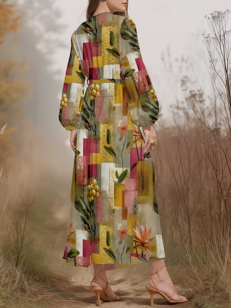 Damen Midikleid Freizeitkleid Chiffon Schwingkleid Modern Urlaub Täglich Wochenende Normale Passform Blumen Karomuster Langarm V Ausschnitt Purpur Grün Grau Sommer Frühling Herbst 2025 - $31.99 –P6