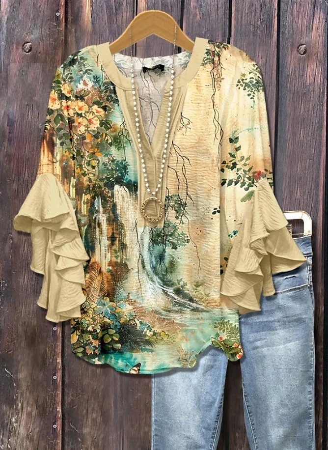 Paște Pentru femei Bluză Floral Grafic Elegant Boemia Έθνικ Lungime Manșon 3/4 În V Topuri obișnuite Zilnic Concediu Îmbrăcăminte de vacanță Bufantă Imprimeu Galben Roz Îmbujorat Maro Deschis 2025 - $29.99 –P5