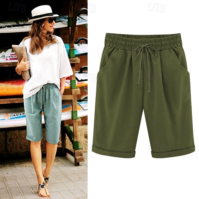 loungeshorts för kvinnor i ren färg elastisk midja med dragsko enkel avslappnad komfort hem daglig semester ventilerande ficka fempunktsbyxor 2025 - $17.99 –P6