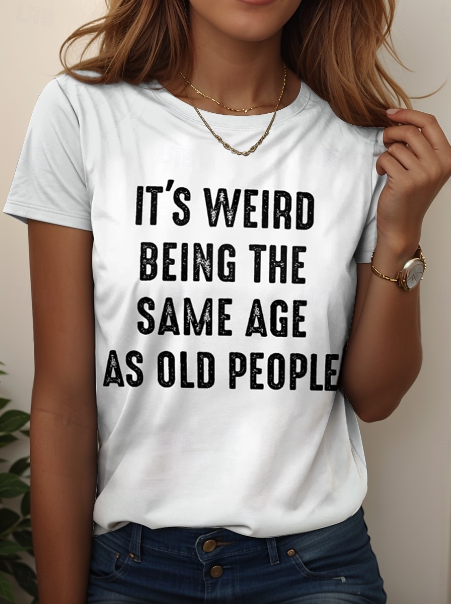 Oktoberfest Dame T skjorte Grafisk Bokstaver Årgang Stilfull Klassisk Kortermet Crew-hals Vanlige topper Daglig Helg Trykt mønster Svart Hvit Rosa Blå Lilla Sommer Vår IT'S WEIRD BEING THE SAME AGE 2025 - $19.99 –P1