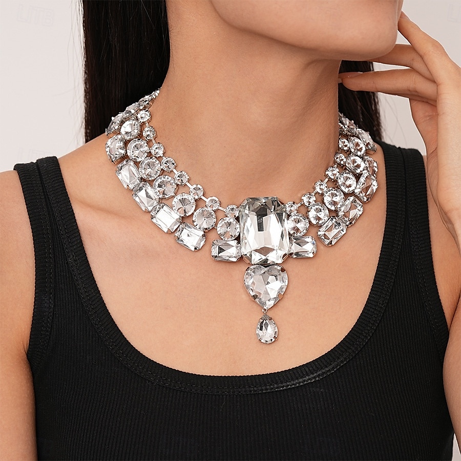 Gargantilla y pendientes de cristal plateado con declaración para mujer: joyas glamurosas con diamantes de imitación grandes para fiestas, bodas y eventos formales. 2025 - $14.99 –P1