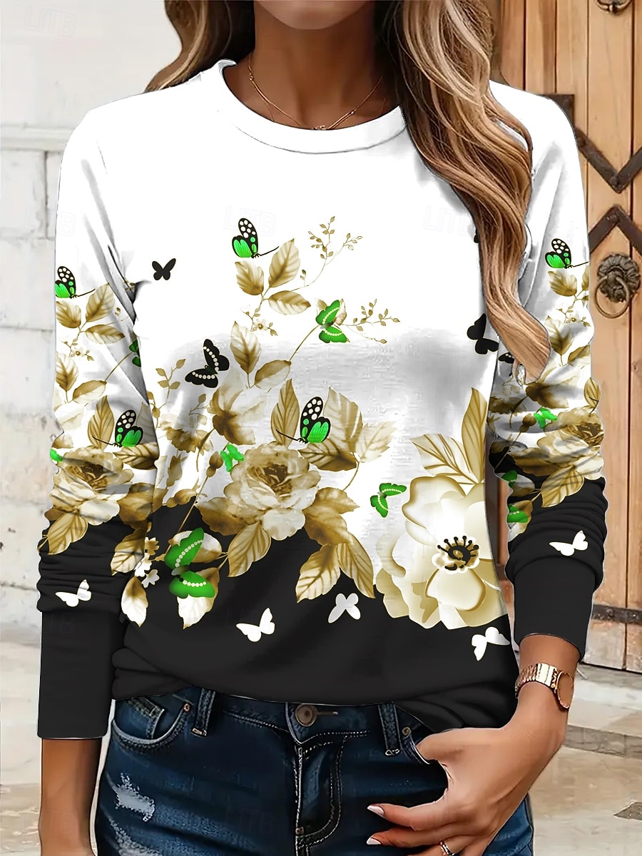 Per donna Maglietta Floreale Grafico Farfalla Vintage Elegante Classico Manica Lunga Girocollo Top Regolari Quotidiano Stampato Giallo Rosso Blu Viola Verde Estate Primavera Autunno del 2025 a $22.99 –P7