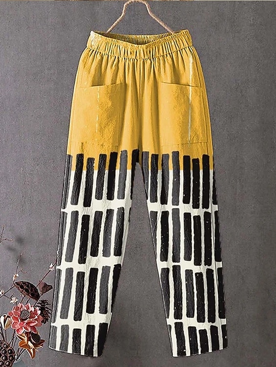 Damen Stoffhosen Urlaub Vintage Ethno-Stil Knöchellang Hohe Taille Geometrisch Gestreift Abstrakt Tasche Bequem Atmungsaktivität Leicht Unelastisch Lässig Täglich Outdoor Gelb Khaki Sommer Frühling 2026 - $44.99 –P1
