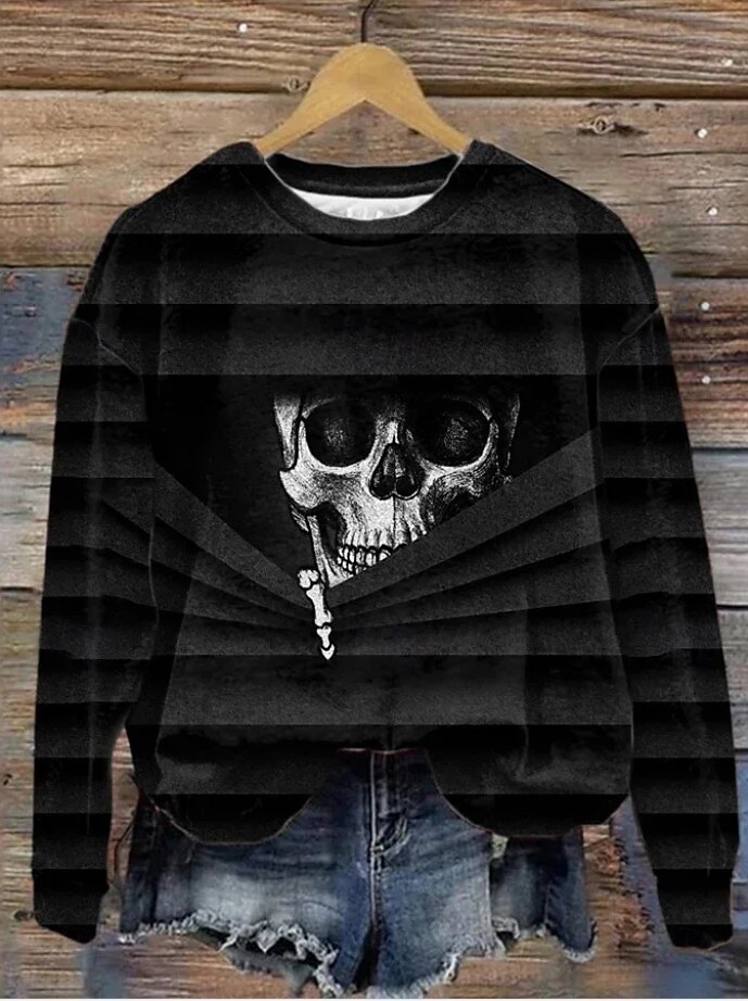 Damen Pullover Sweatshirt Grafik Schädel Halloween Mode Lässig Langarm Rundhalsausschnitt Rundhals Normale Oberteile Straße Alltagskleidung Lässig Druck Schwarz Braun Grün Hell Gray Dunkelgray Herbst 2025 - $24.99 –P3